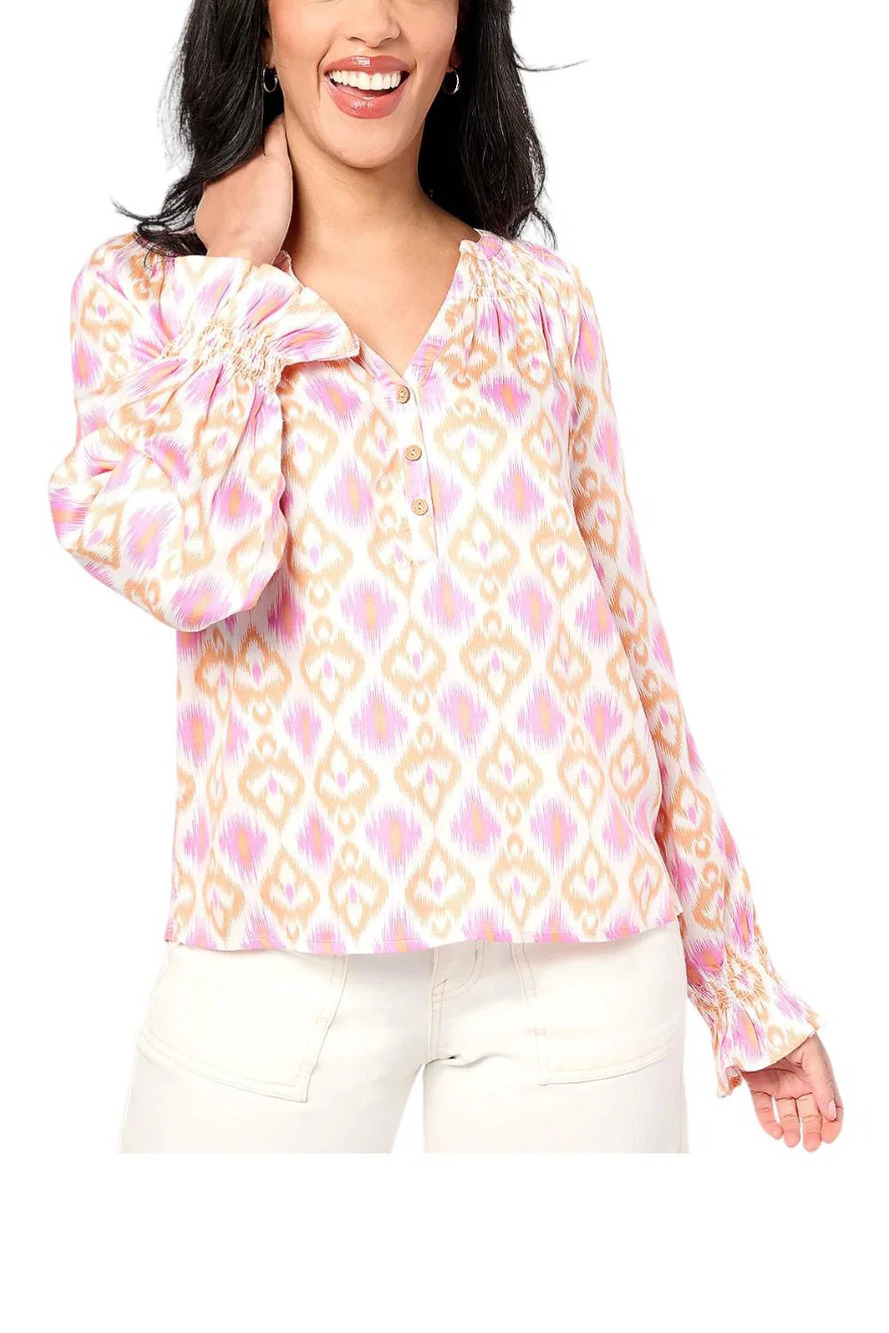 Destination 365 Women's Printed Blouse SplitNeck w Shirring Pink - Regular